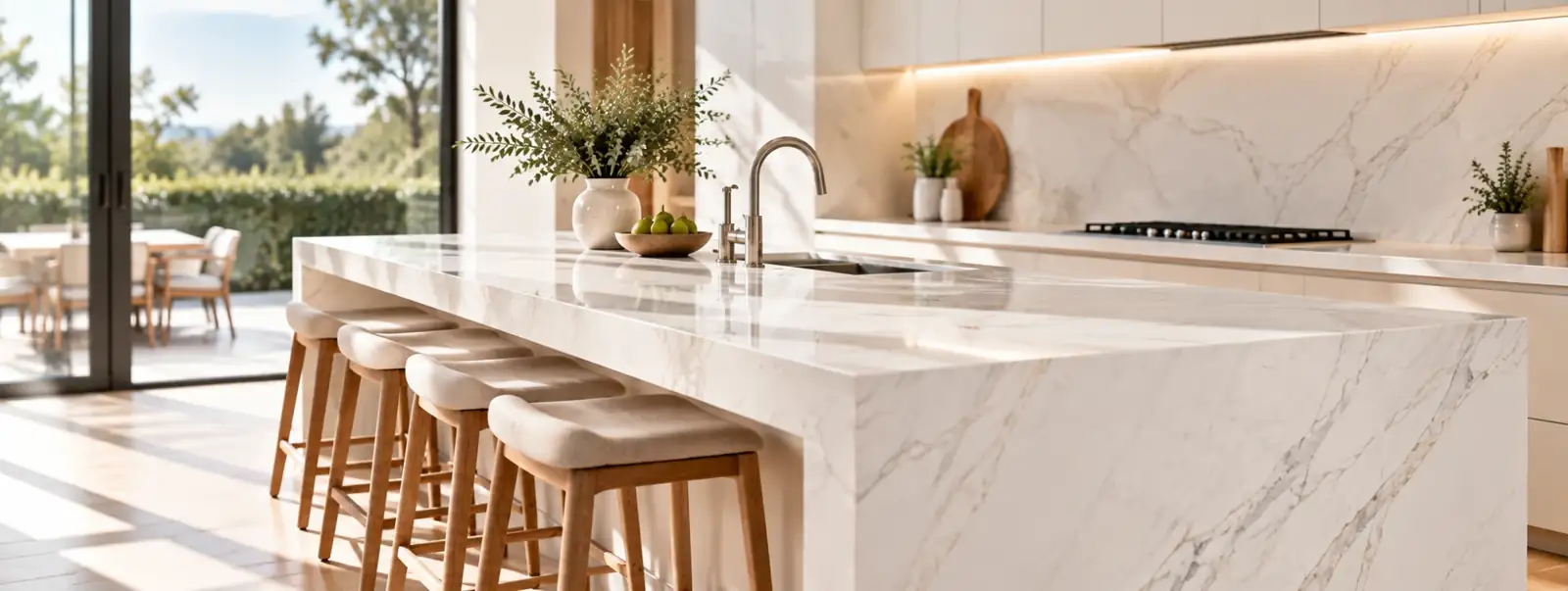 Modern kitchen with a marble-look stone island benchtop