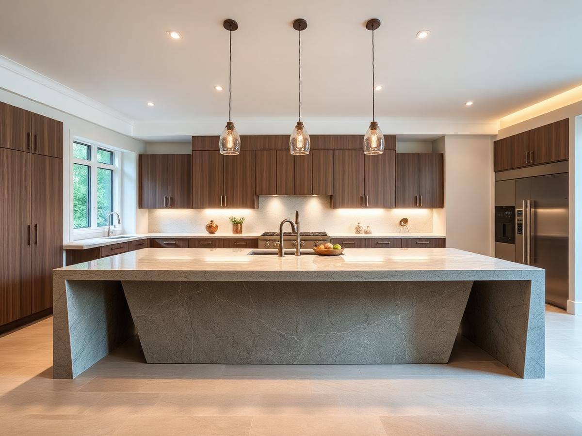 Large stone island benchtop with waterfall ends installed in a kitchen